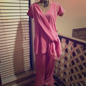 Pink Gold Embroidered Tunic Pant Scarf Set